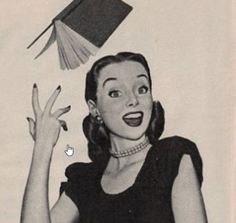 Vintage image of a smiling white housewife throwing a book over her shoulder.
