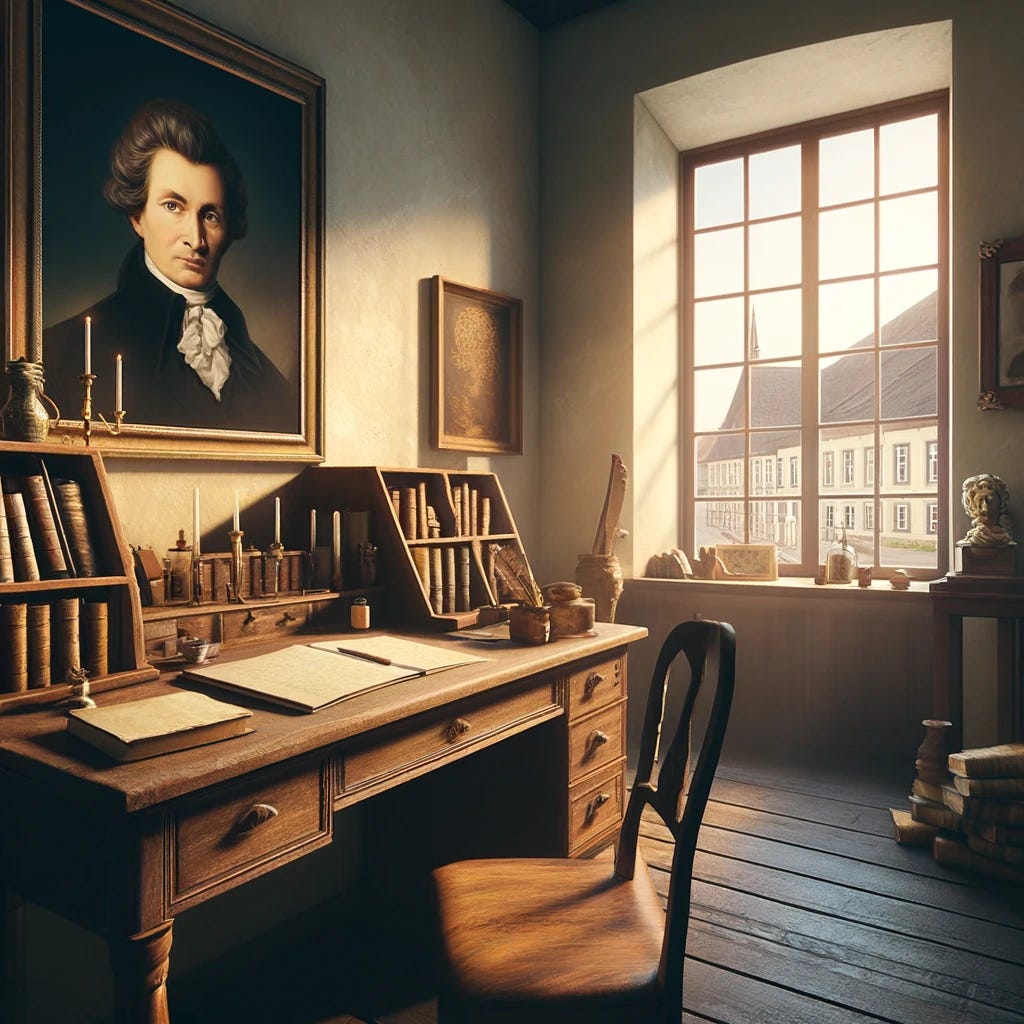 Create an image depicting a serene and scholarly setting, representing the philosophical environment of Immanuel Kant. The scene includes a classic study room from the late 18th century, with a large wooden desk, books, parchment, and a quill. The room is lit by soft candlelight, evoking a quiet, contemplative atmosphere. Include a window showing a view of the quaint streets of Königsberg, Prusia, subtly suggesting the world outside that Kant seldom explored, yet profoundly influenced with his ideas. This cover image should embody the essence of philosophical inquiry and timeless wisdom, appealing to those interested in history and philosophy.