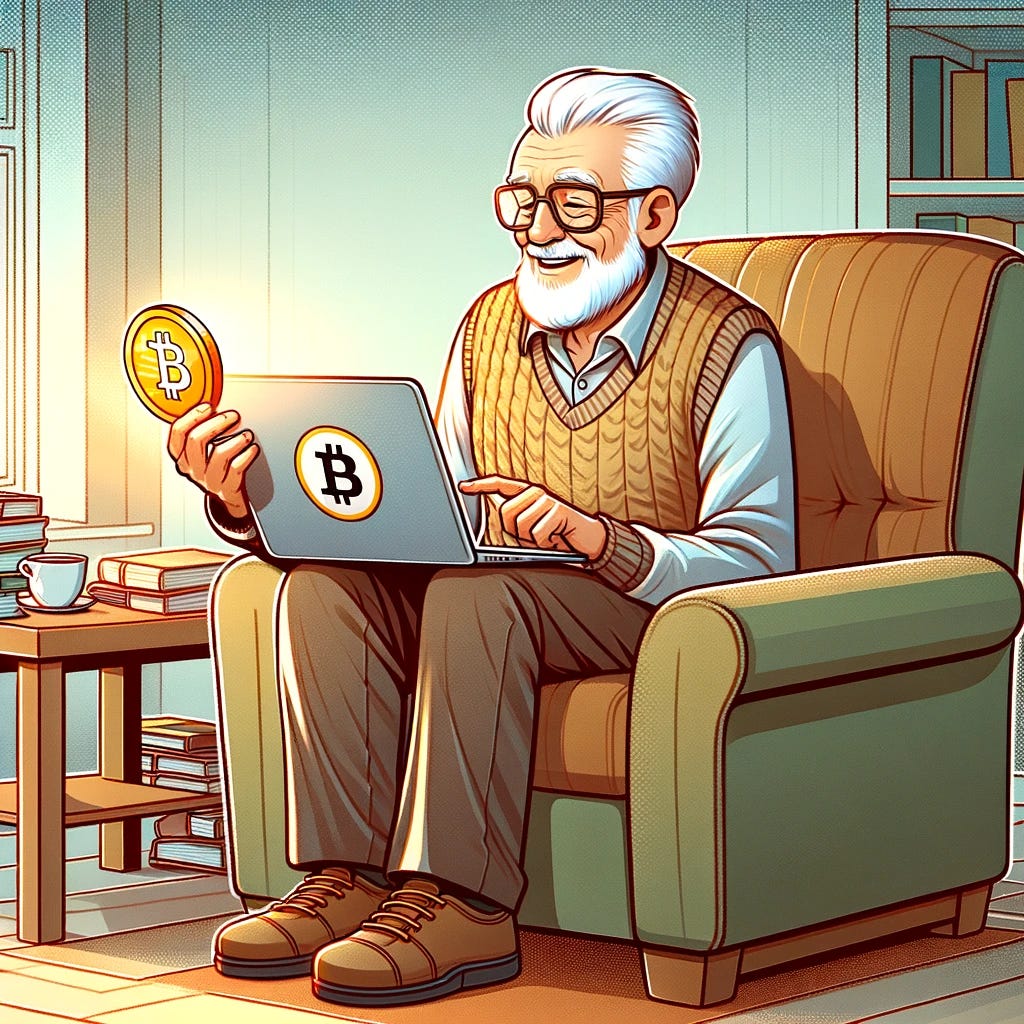An illustration showing an elderly man, depicted as a grandfather, sitting comfortably in an armchair with a laptop. He is smiling, focused, and engaged as he reads about Bitcoin on the laptop screen. The room is cozy, with books and a cup of tea on a side table, suggesting a relaxed and studious atmosphere. The image should convey the idea of a senior person mastering the concept of Bitcoin, symbolizing that technology and digital currencies can be understood and used by people of all ages.