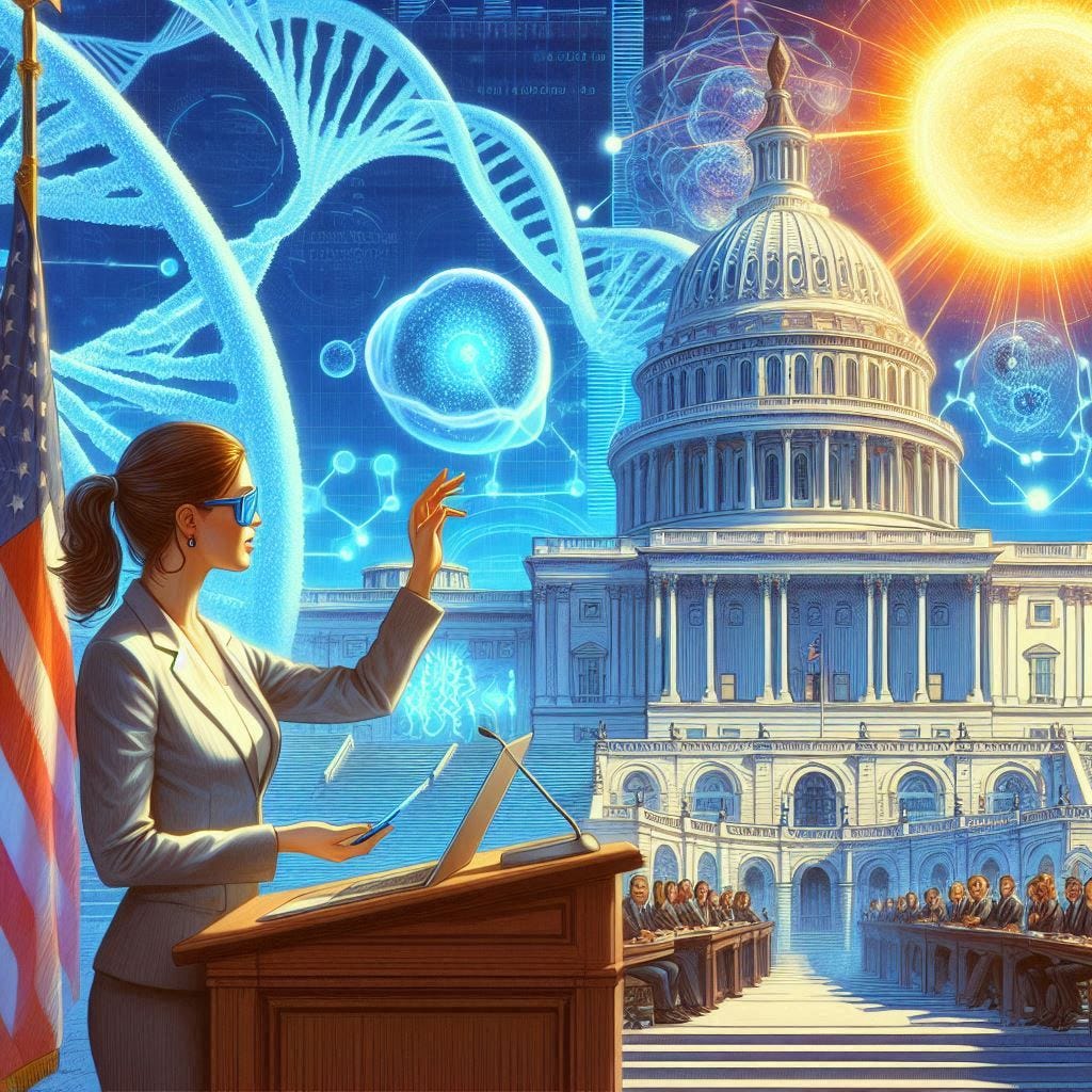 professor woman giving presentation on DNA to congress, solarpunk, digital art