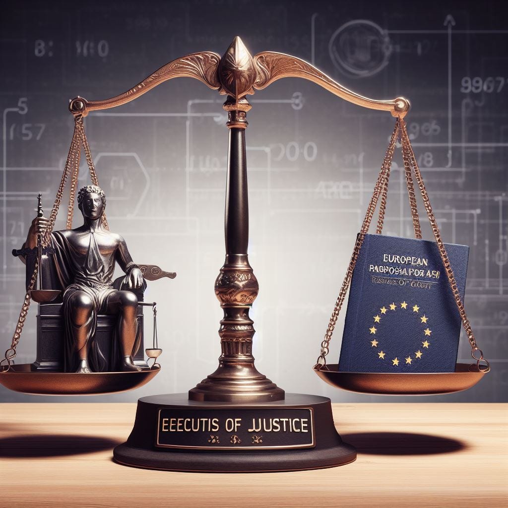 Scales of Justice with an executive order from the last US president on one side and the European Parliament Proposal for AI on the other. 