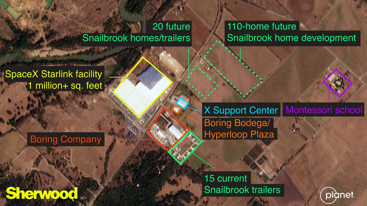 Satellite image Snailbrook Starlink Boring annotated Bastrop