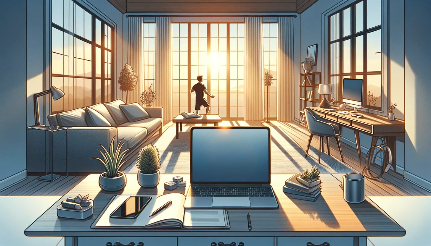 A wide illustration for an article on enhancing productivity, with modifications. The serene and spacious home office at dawn features large windows with gentle sunlight. The desk is tidy, showing a laptop with a closed lid or a completely black screen, a book, and a meditation plant. Only a man is visible in the background, stretching in preparation for exercise. The smartphone on the desk displays no notifications, emphasizing focus. The room is well-lit and temperature-controlled for comfort.