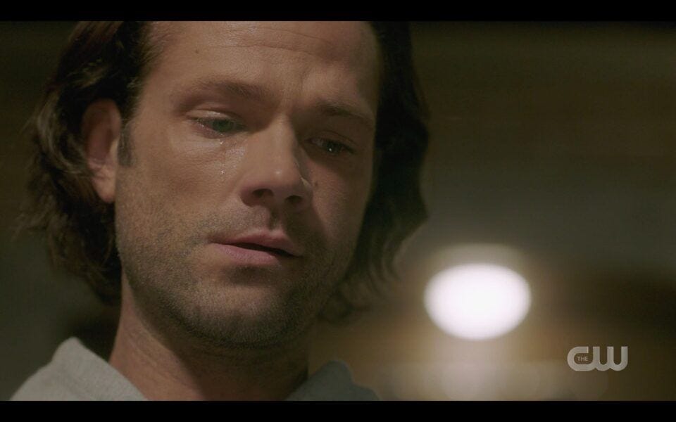 SPN Sam Winchester crying realizing he is alone with Dean dead