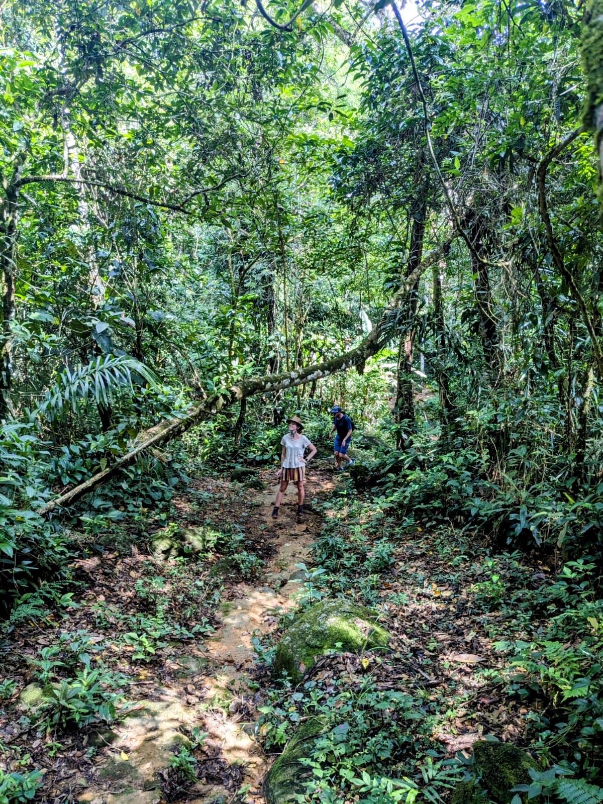 The author and her partner stand on a narrow path in the middle of a lush jungle