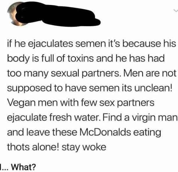 May be an image of text that says 'if he ejaculates semen it's because his body is full of toxins and he has had too many sexual partners. Men are not supposed to have semen its unclean! Vegan men with few sex partners ejaculate fresh water. Find a virgin man and leave these McDonalds eating thots alone! stay woke ...What?'