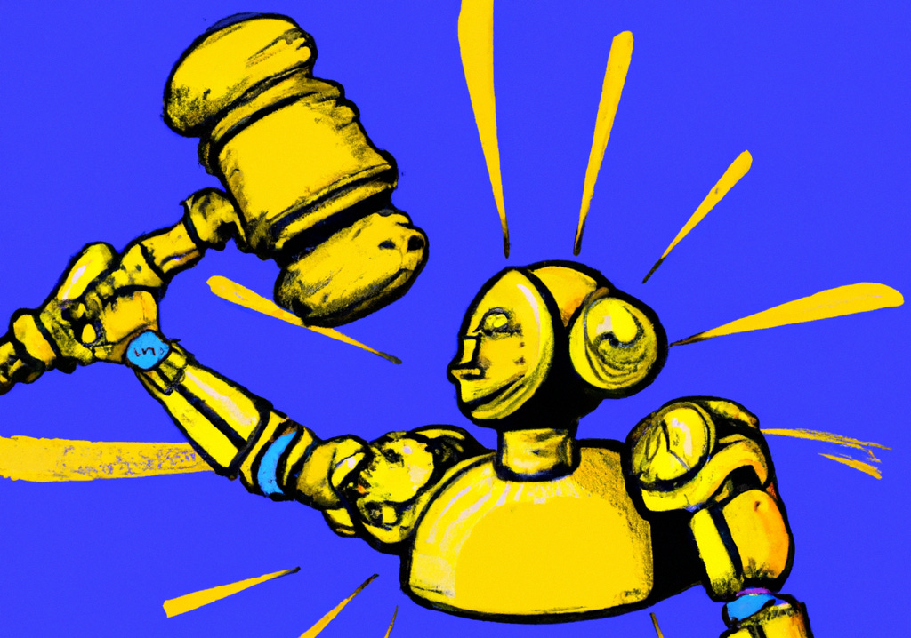 Robot holding a justice hammer over itself