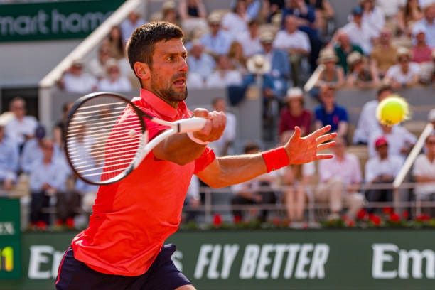 Novak Djokovic of Serbia plays a forehand during the Men's Singles Semi Final Match against Carlos Alcaraz of Spain during Day 13 of the French Open...