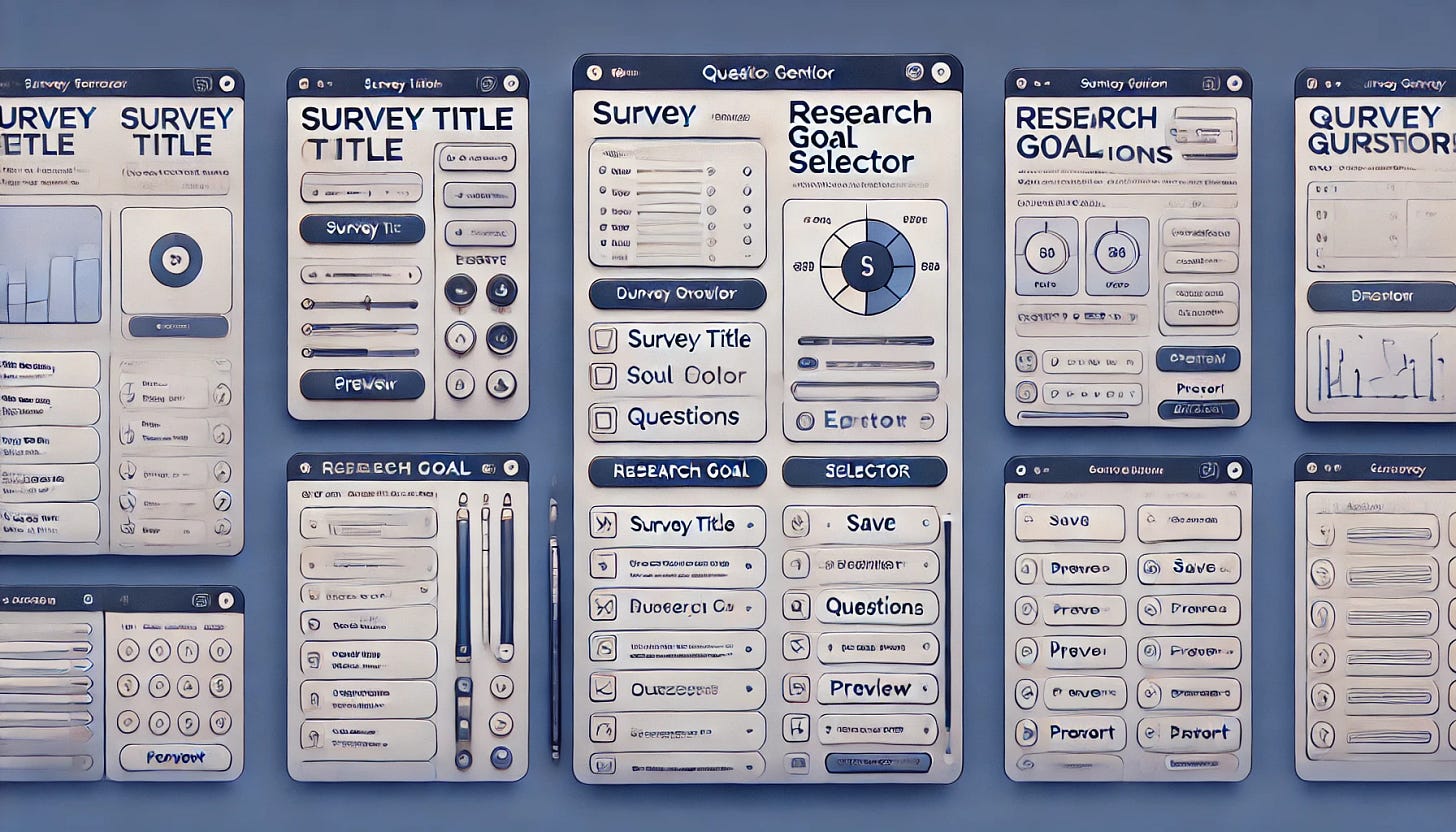 High-fidelity wireframe designs for a desktop view of a question generator tool, presented as three distinct layouts: 1) A two-panel layout with the left panel showing editing options (survey title input, research goal selector, editable questions) and the right panel displaying a live survey preview in real-time. 2) A single-column layout with stacked vertical sections: survey title input at the top, research goal selector below, and an editable list of generated questions. A fixed actions bar at the bottom provides Save, Preview, and Export options, with a modal preview appearing when triggered. 3) A card-based modular layout with navigation on top, a survey overview card for title and goal selection, followed by individual question cards arranged in a grid, each card offering edit, duplicate, and reorder options. A sticky actions panel provides Save, Preview, and Export features, with an interactive slide-out preview for each card. Modern and minimalistic design.