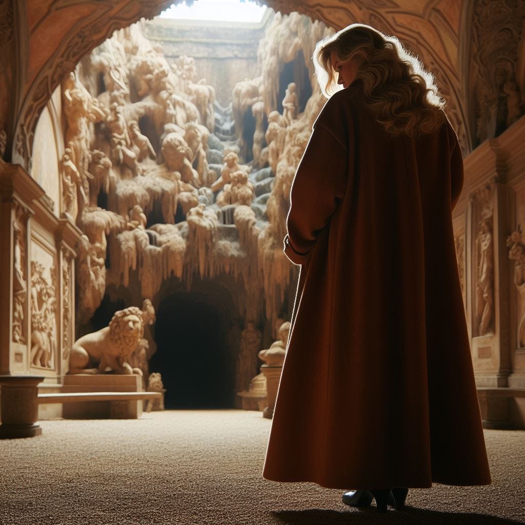 show me a narrow shot of an elegant curvacipus plus size blonde female Professor dressed in a long camel coat in silhouette on sabbatical researching a Renaissance grotto in the style of the grotta grande in the boboli gardens 