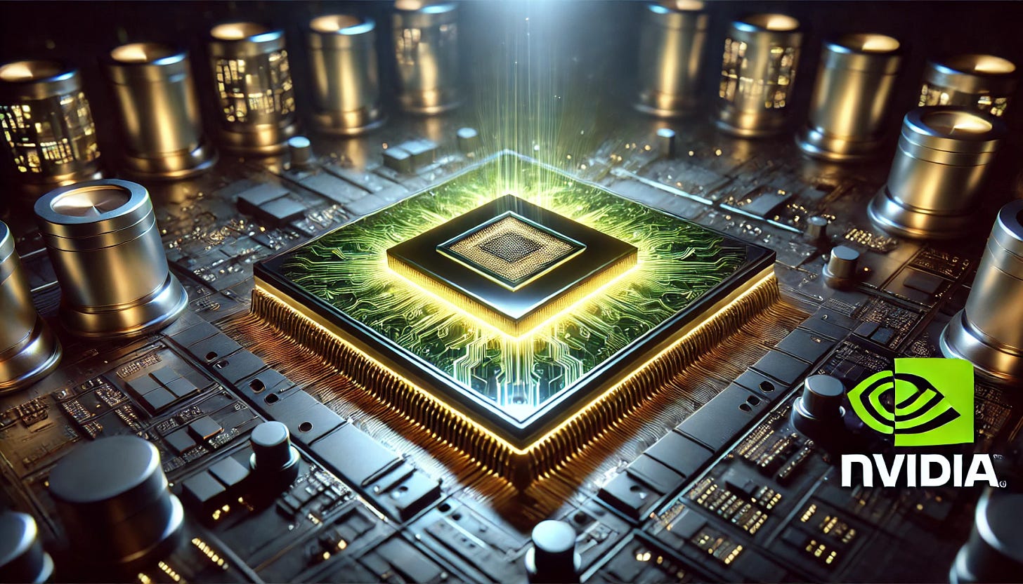 A 16:9 futuristic illustration featuring a CPU and GPU chip seamlessly melded into a single glowing circuit board. The board radiates with intricate, luminous green and gold circuitry, symbolizing advanced integration and cutting-edge technology. In the background, Nvidia's logo is subtly visible, glowing faintly to emphasize its influence and innovation. The setting includes a futuristic lab environment with holographic displays showcasing performance metrics and technological advancements. The focus is on the harmony between CPU and GPU functions, represented through sleek and dynamic visuals.