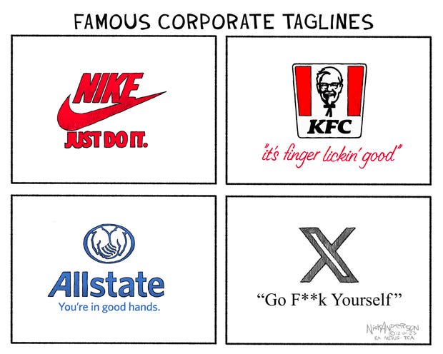 A four-panel grid labeled "Famous Corporate Taglines", with their corresponding logos:
* Nike: "Just Do It"
* KFC: "It's Finger Lickin' Good"
* Allstate: "You're in Good Hands"
* X: "Go F**k Yourself"