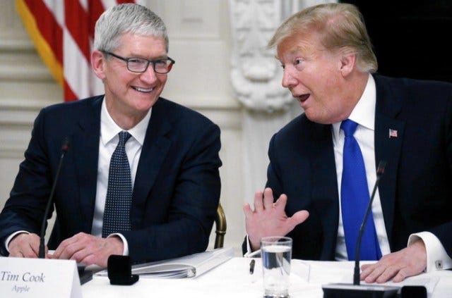 Apple CEO Tim Cook laughs with U.S. President Donald Trump as the news media leave the room after the two men spoke while participating in an American Workforce Policy Advisory Board meeting in the White House State Dining Room in Washington, U.S., March 6, 2019. (photo: Reuters/Leah Millis)