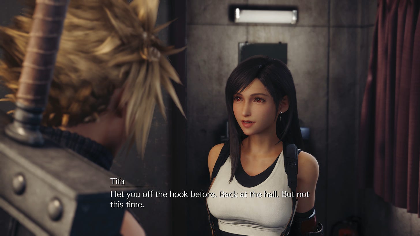 Tifa in her apartment returning to the topic of what Cloud did after leaving the village.