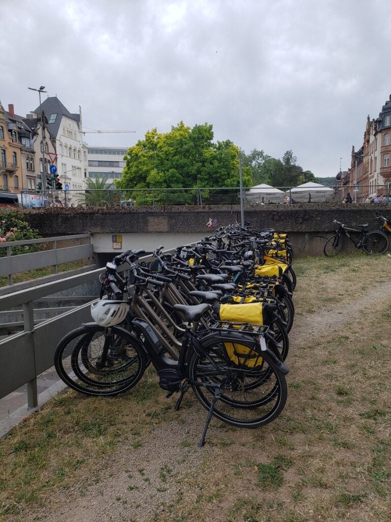 Row of locked bikes on a bike and barge tour