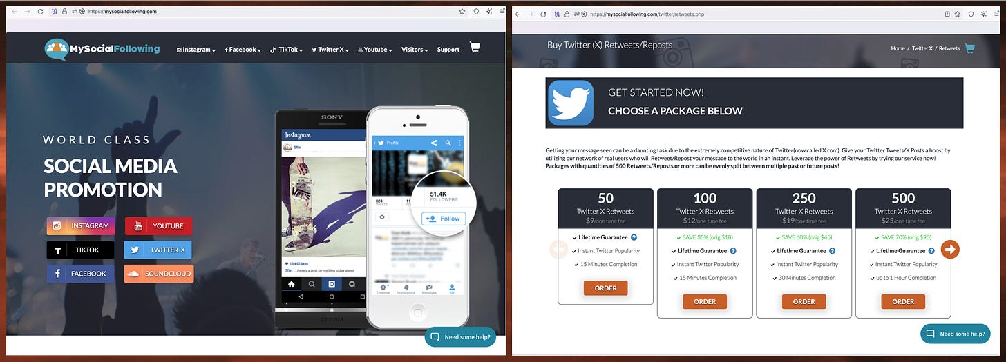 screenshots of the landing page for mysocialfollowing(dot)com and the "Buy Twitter(X) Retweets/Reposts" page for mysocialfollowing(dot)com