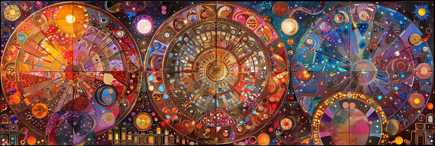 A detailed and colorful mosaic artwork, featuring three large, circular patterns filled with intricate designs, vibrant colors, and cosmic elements, creating a dynamic and visually captivating scene.