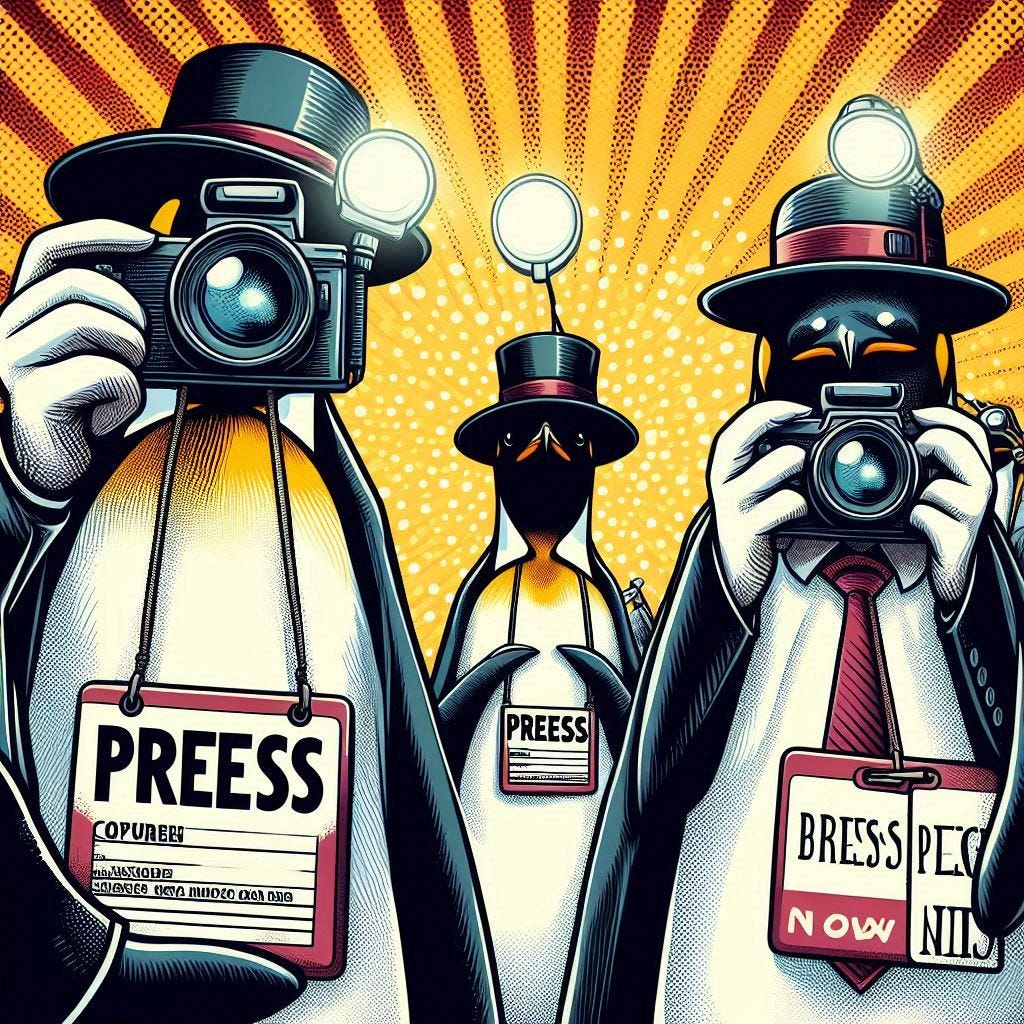 graphic novel style art papparazzi penguins with press passes