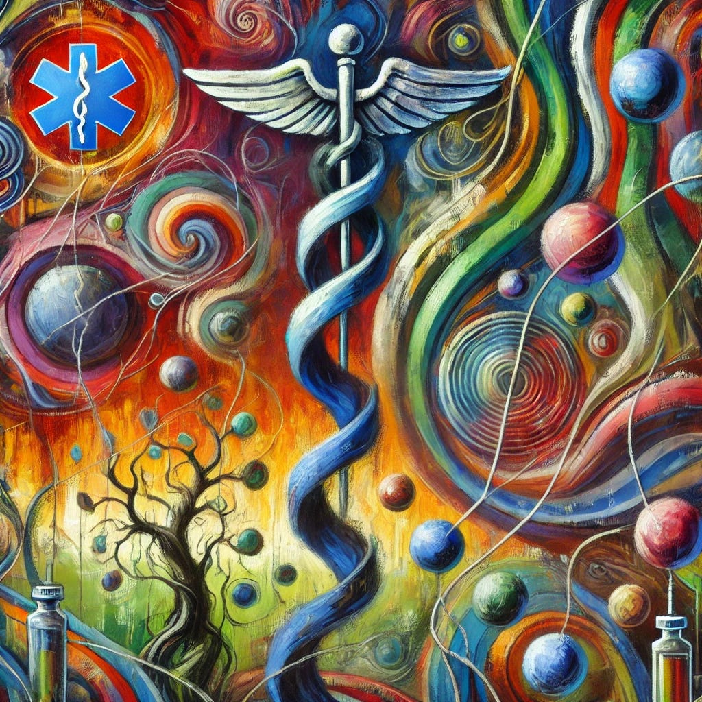 A vibrant, abstract oil painting inspired by themes of medical skepticism and resistance to institutional control. The image should feature expressive brushstrokes and a rich, bold color palette, with swirling patterns suggesting tension and upheaval. Incorporate elements symbolizing both nature's complexity and a sense of confinement or restriction, like vines or roots intertwined with abstract, geometric forms. Avoid human figures or text, focusing on the emotional tone of defiance and questioning.