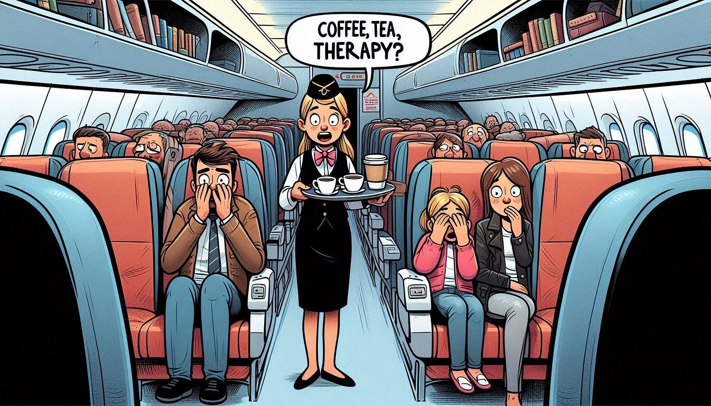 Cartoon illustration: A flight attendant with a tray stands next to a family with their kid sitting in their airplane seats among rows of other passengers. The flight attendant says: "Coffee, tea, therapy?" The parents are horrified and the daughter is covering her eyes.