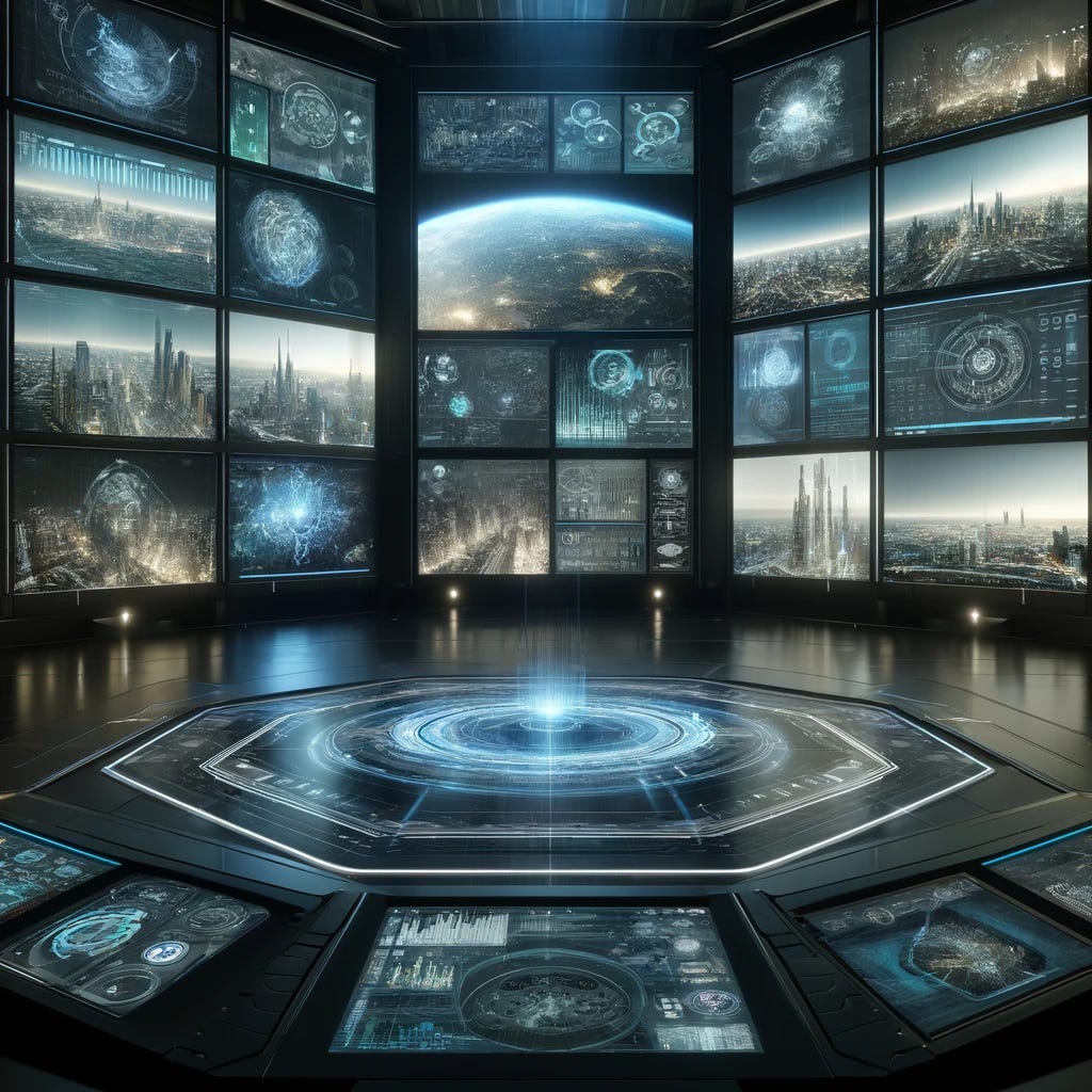 A futuristic control room filled with multiple glowing screens showing high-resolution video feeds. The room is modern and sleek, featuring advanced technology with holographic displays of urban and natural landscapes. The ambient lighting enhances the clarity and vividness of the screens.