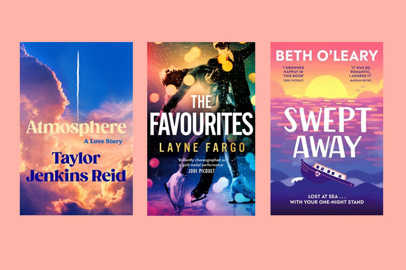 Covers of Atmosphere by Taylor Jenkins Reid, The Favourites by Layne Fargo and Swept Away by Beth O’Leary, against a pink background.