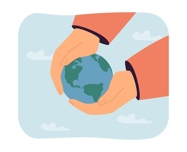 Free vector hands holding planet earth flat vector illustration. globe in mans hands. person taking care of environment, saving planet. ecology, protection concept for banner, website design or landing web page