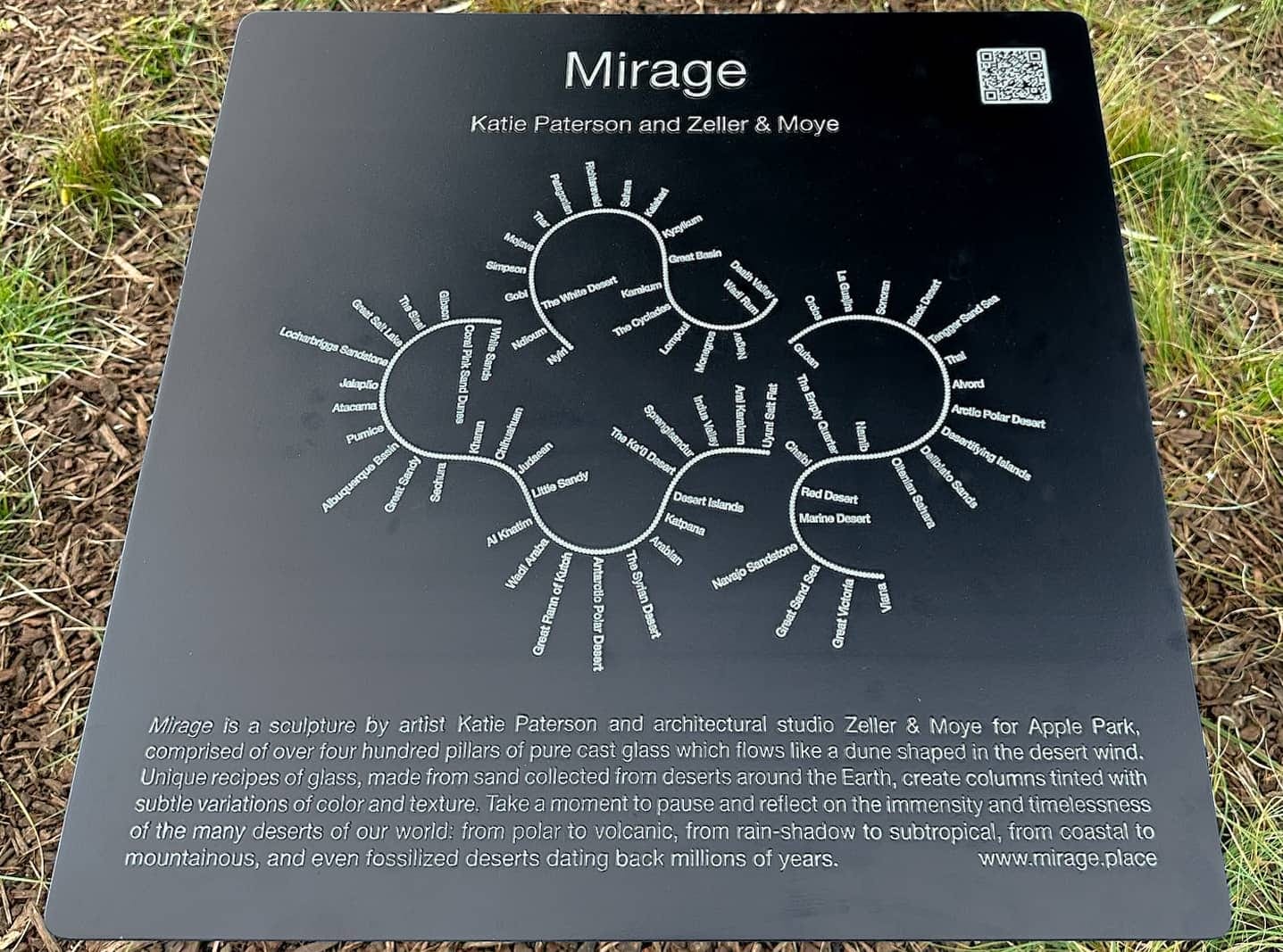 Wayfinding signage for Mirage at Apple Park Visitor Center. A map of the sculpture is represented above the description.