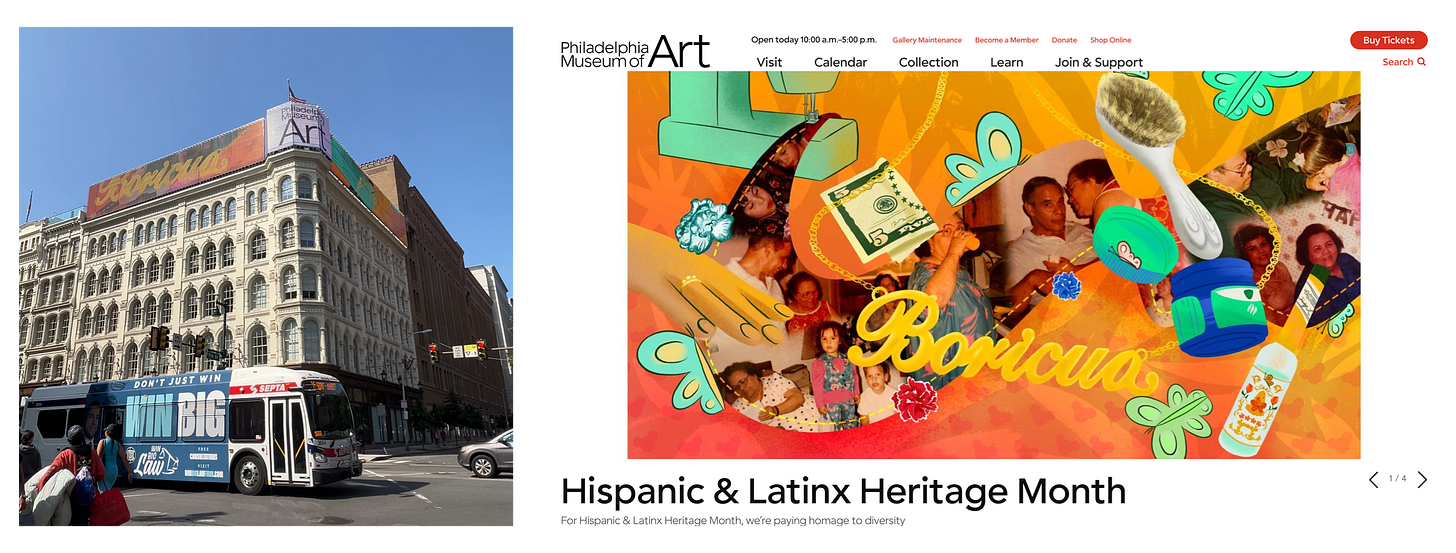 Two examples of Cindy Lozito's Hispanic and Latinx Heritage Month artwork on the Lit Building in Philadelphia and on the Philadelphia Museum of Art's homepage.