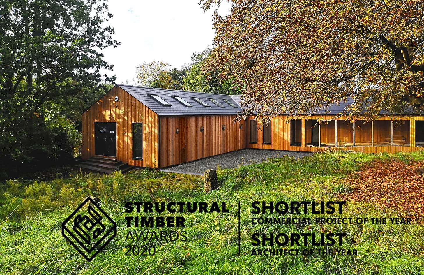 Finished Scouts Hut built using WikiHouse. Text underneath reads: Shortlist Structural Timber Awards 2020