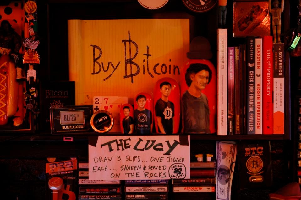 Bitcoin memorabilia at Pubkey Bar in New York.