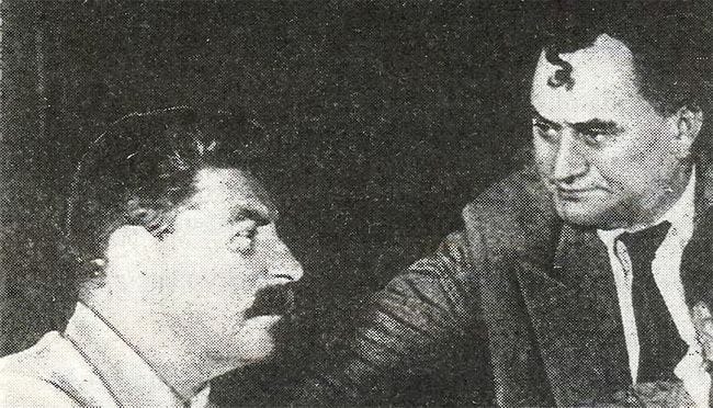 Georgi Dimitrov rests a hand on Stalin’s shoulder. Dimitrov’s tangled forelock appears to form a Swastika