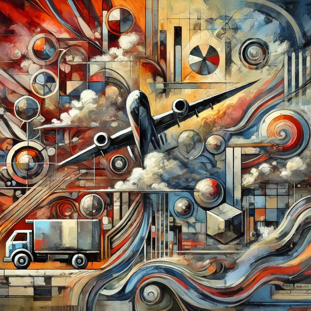 An abstract painting inspired by the concept of a military coup and the illusion of power. The artwork features bold, fragmented shapes representing control over key locations like airports, government buildings, and media stations. Use a mix of cool, muted tones to symbolize hidden influence and surveillance, contrasted with sharp, warm bursts of red and orange to represent sudden, aggressive actions. Incorporate layered, chaotic brushstrokes to express confusion and disruption. Visual metaphors such as disconnected bridges, broken chains, and swirling fields of color should evoke instability and the tension between perceived dominance and actual control.