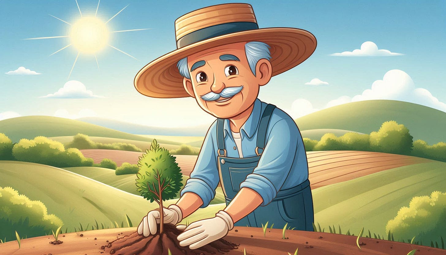 Cartoon illustration of a cheerful elderly farmer with a white mustache, wearing overalls, a blue shirt, and a wide-brimmed straw hat, planting a small tree sapling in rich soil. The background shows a sunny day with rolling green hills, plowed fields, and scattered trees under a bright blue sky with white clouds.