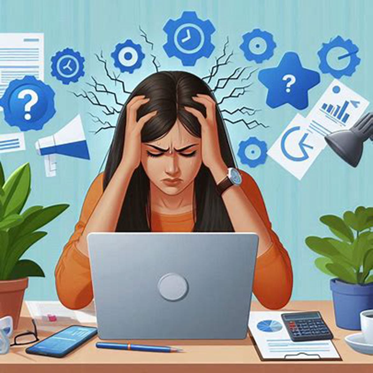 graphic showing lady at laptop holding her head because of pain points