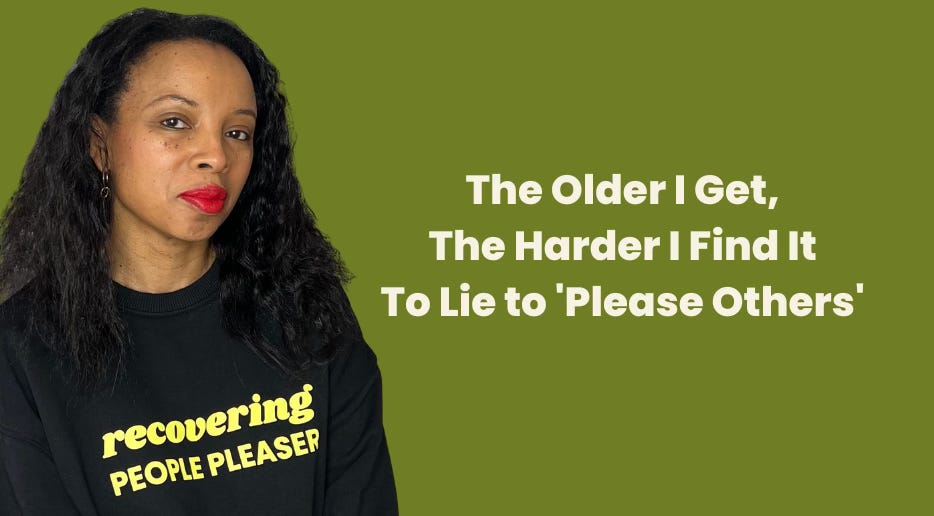 Nat Lue in recovering people pleaser sweatshirt on green background with title "The Older I Get, the Harder I Find It to Lie to ‘Please Others'"