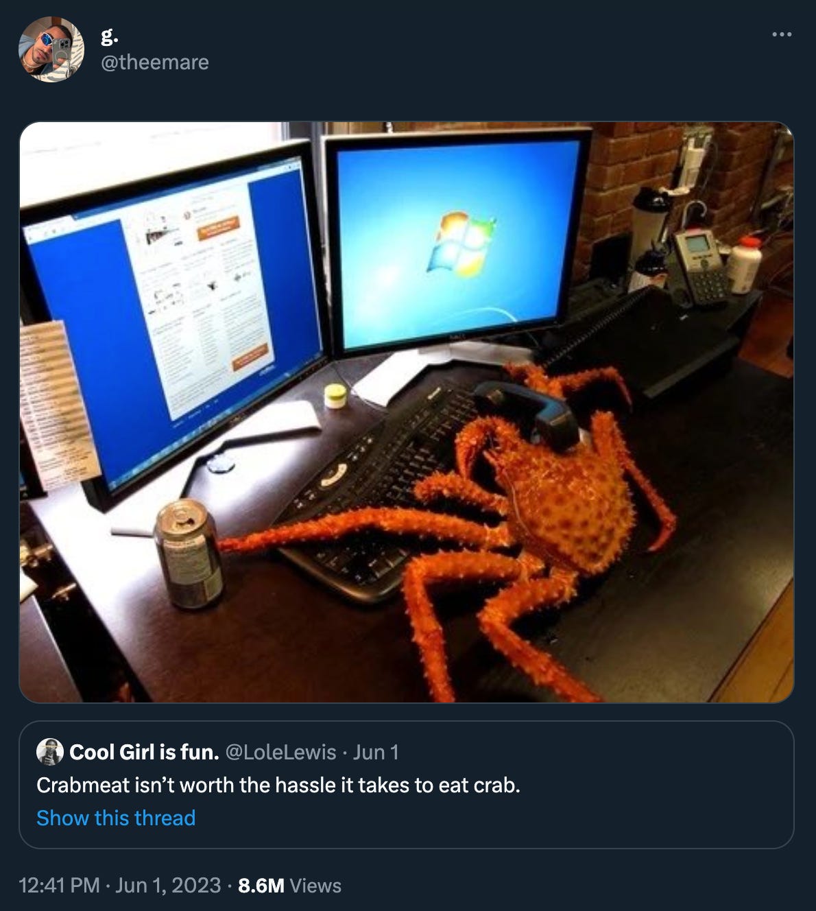 Tweet by theemare: Picture of a crab at a desk in front of two monitors, quoting another tweet that reads: “Crabmeat isn’t worth the hassle it takes to eat crab.”