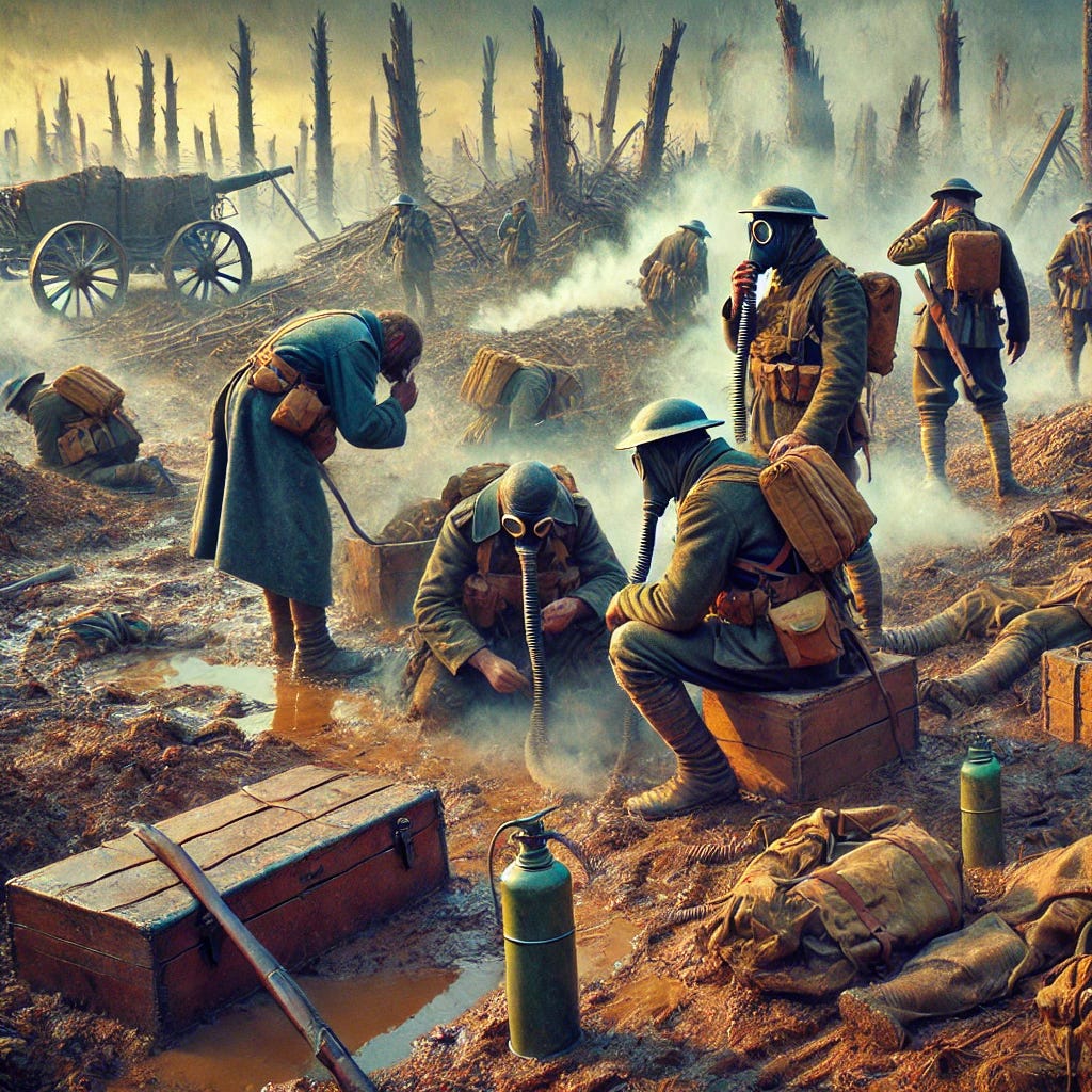 A vivid, detailed square image depicting a historical WWI battlefield setting focused on chemical and gas warfare. The scene shows a desolate, muddy battlefield strewn with discarded military gear and gas masks. In the foreground, a few soldiers in tattered uniforms are adjusting their gas masks amidst a haze of gas clouds. The background features destroyed artillery and barren trees, highlighting the harsh conditions of trench warfare. The atmosphere is tense and somber, capturing the grim reality of chemical warfare during the war.