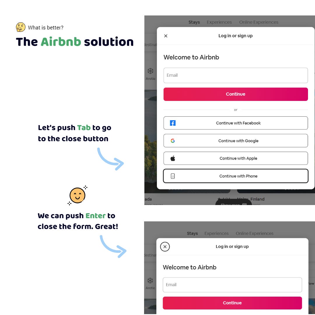 The Airbnb app. I am on the last interactive element of the form in the modal window that opens. I want to go to the close button, which is located above. I press the Tab key. Oh, I am on the button. I can close the form