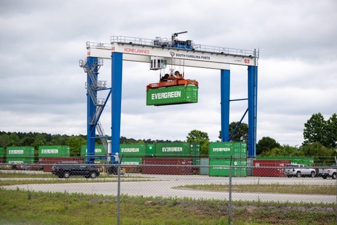 A crane lifting a container at the South Carolina Inland Port at Dillon.

