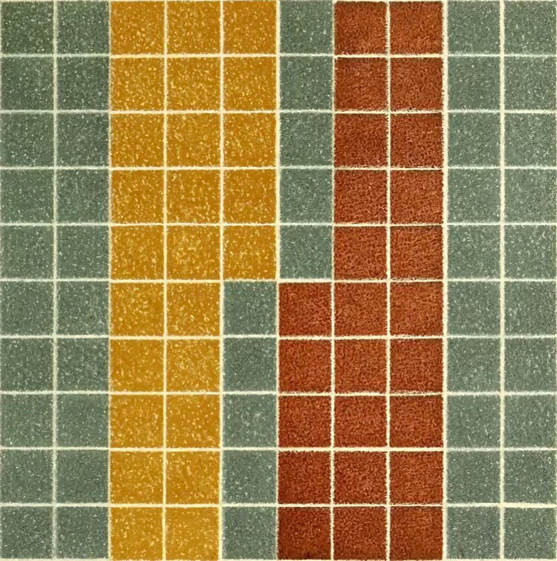 A gridded drawing similar to a tiled surface, with blocks of colors rendered in colored pencil. There are areas with squares of moss green, ochre, and a warm, rich brown.. The image is a color analysis chart by Emily Noyes Vanderpoel, an illustration from her 1903 book Color Problems.