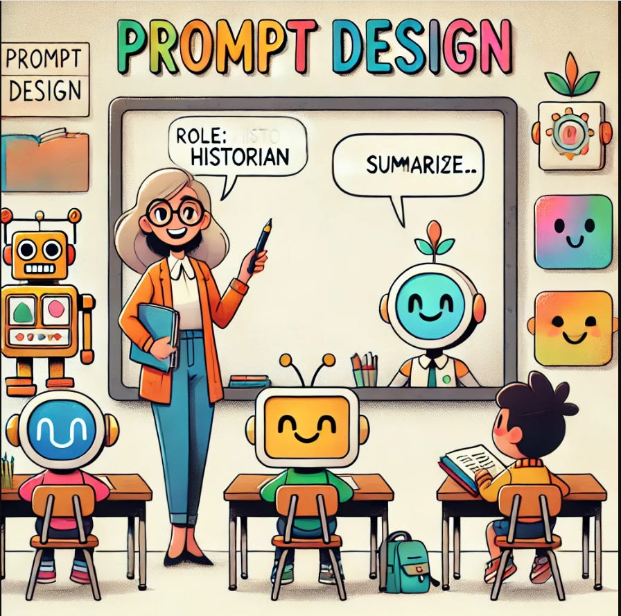 An image created by ChatGPT of a teacher in a classroom with students and robots. The board says "prompt design."