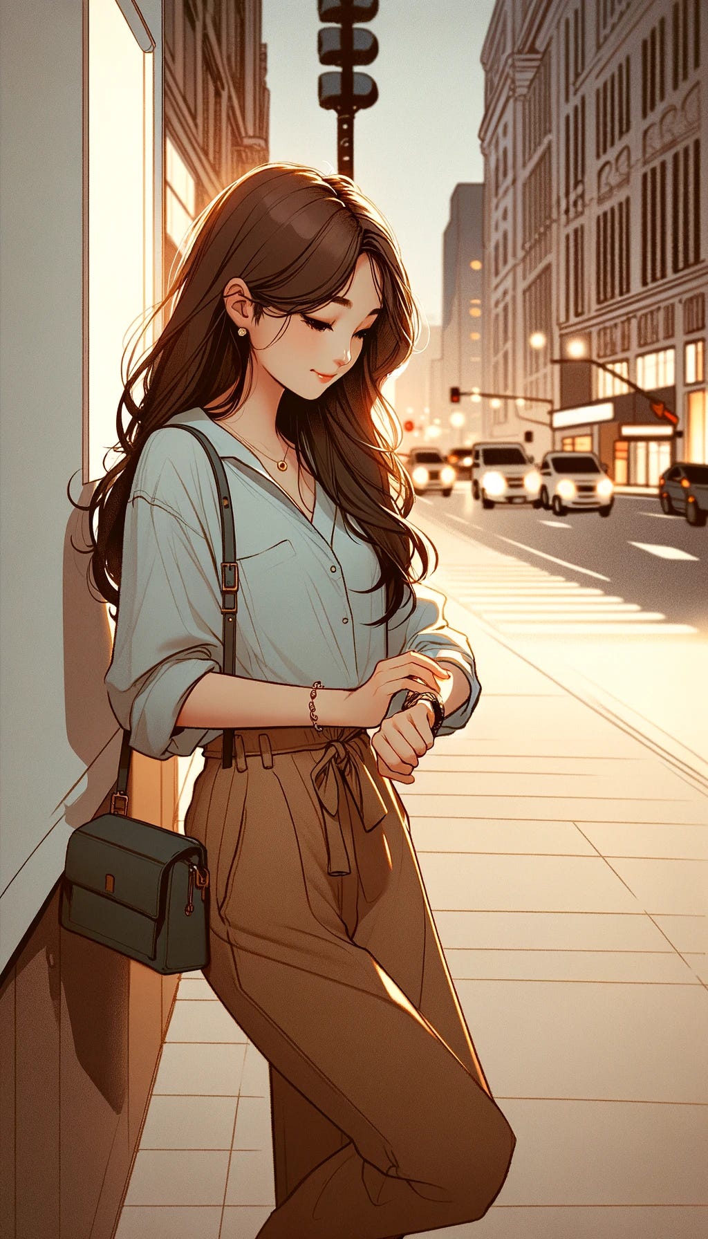 Create a full-body portrait illustration of a young woman standing on a city sidewalk during the evening. She is dressed in a casual, stylish outfit, waiting expectantly. She looks at her watch, a small, content smile on her face. The street is softly lit by the warm glow of streetlights, and there's a hint of a bustling city life in the background. The atmosphere is one of pleasant anticipation, and the style is warm and inviting, with a focus on the woman as the central figure of the composition.