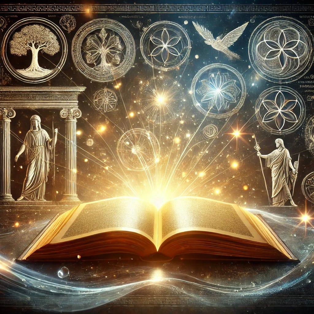 A visually striking image featuring an open book with glowing, golden pages, set against a dark, ethereal background. The book is surrounded by a soft aura of light, symbolizing knowledge and inspiration. In the background, faint historical figures and symbols from various philosophies appear, such as ancient Greek columns, a tree of life, and a flowing river, merging history and wisdom in an inspirational and mystical atmosphere.