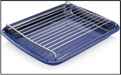 Roasting pan with elevated roasting rack.