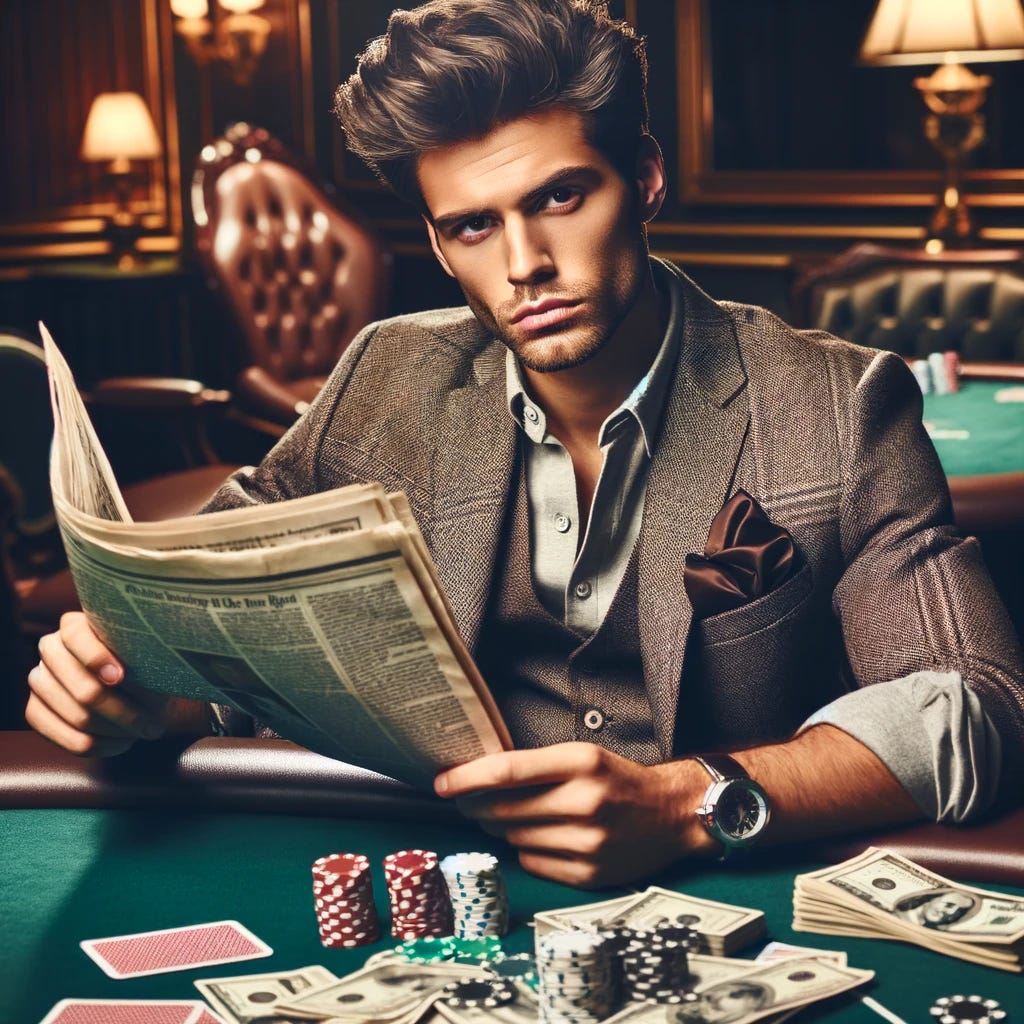 A legendary young man playing poker while reading a newspaper, surrounded by a large amount of money. He appears confident and relaxed, with a look of intelligence and sharp wit. The setting is a poker table in a luxurious environment, suggesting high stakes. He is stylishly dressed, indicating success and charisma. The table is covered with poker chips and playing cards, and stacks of money are visible around him, emphasizing his success in the game.