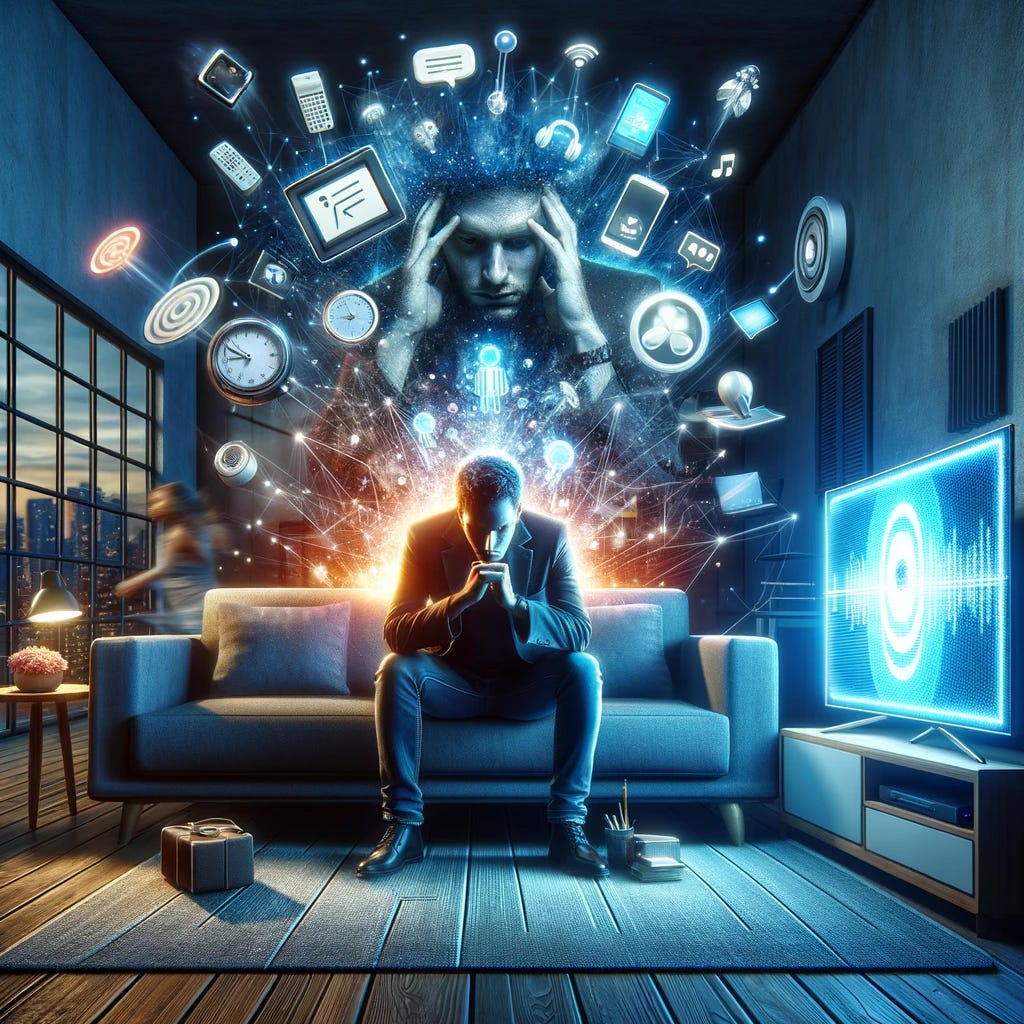 A powerful image illustrating a person sitting in a modern living room, struggling to find inner peace amidst external distractions. The individual appears slightly tense and contemplative, seated on a couch. Surrounding them are visual representations of distractions like a glowing TV screen, a smartphone with notifications, and a music player emitting notes. The room has an urban, contemporary feel, with stylish decor, yet there's a sense of overwhelming stimuli. This scene symbolizes the challenge of disconnecting from the external noise and focusing on inner quiet and reflection.