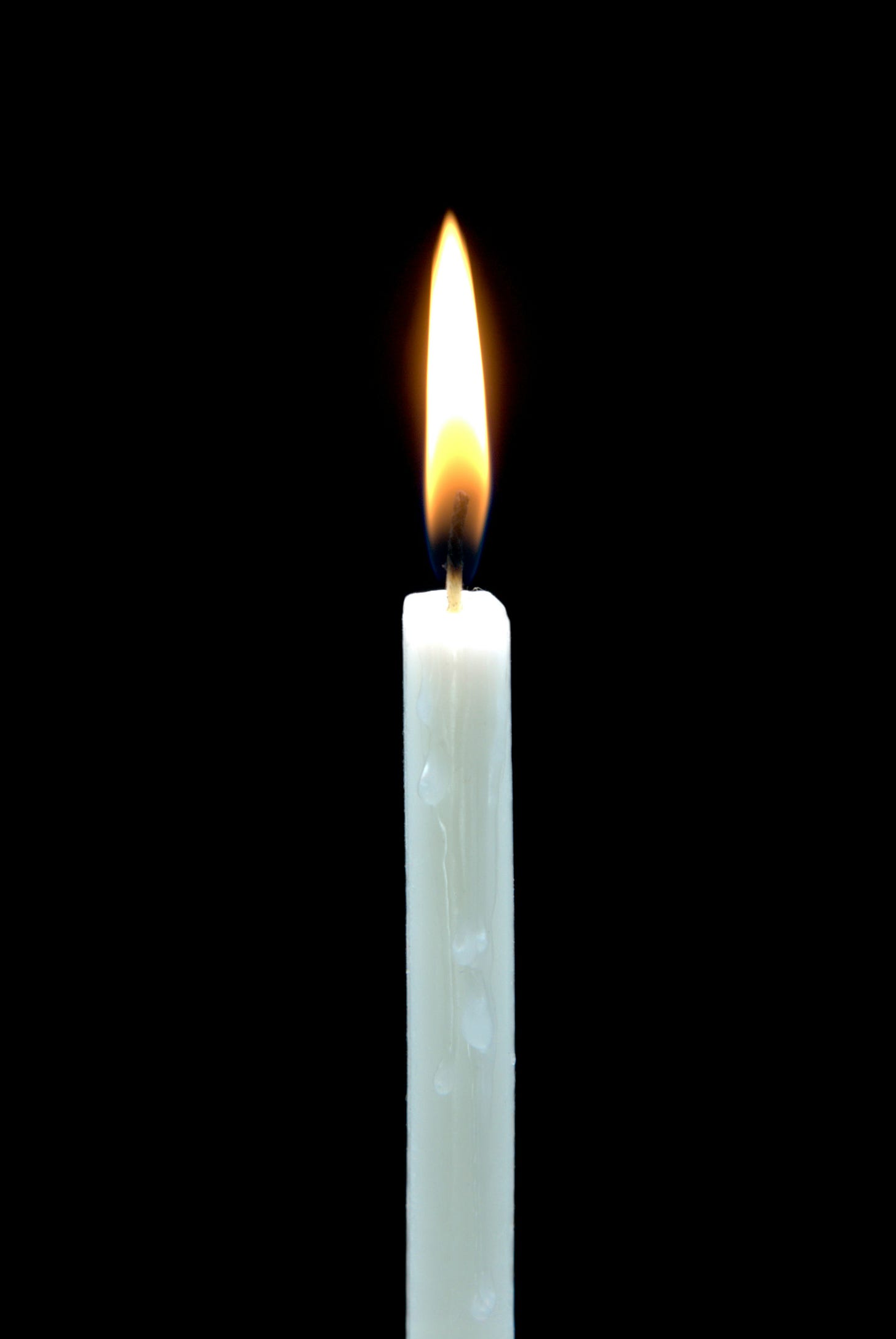 Lit white candle against a black background.