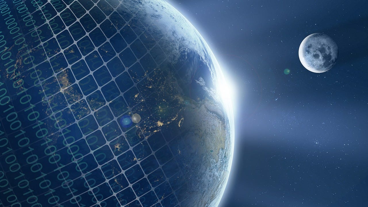 A digital image of a simulated Earth with visible grid lines and binary code. Moon in background.
