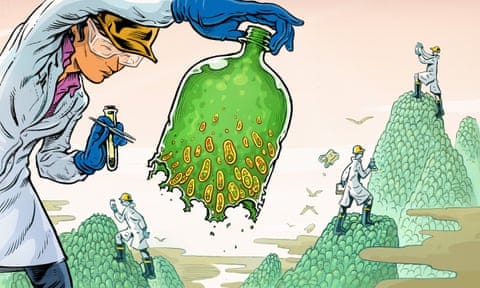 illustration of lab-coated scientists sifting through a rubbish dump looking for plastic waste being eaten by bacteria-like bugs